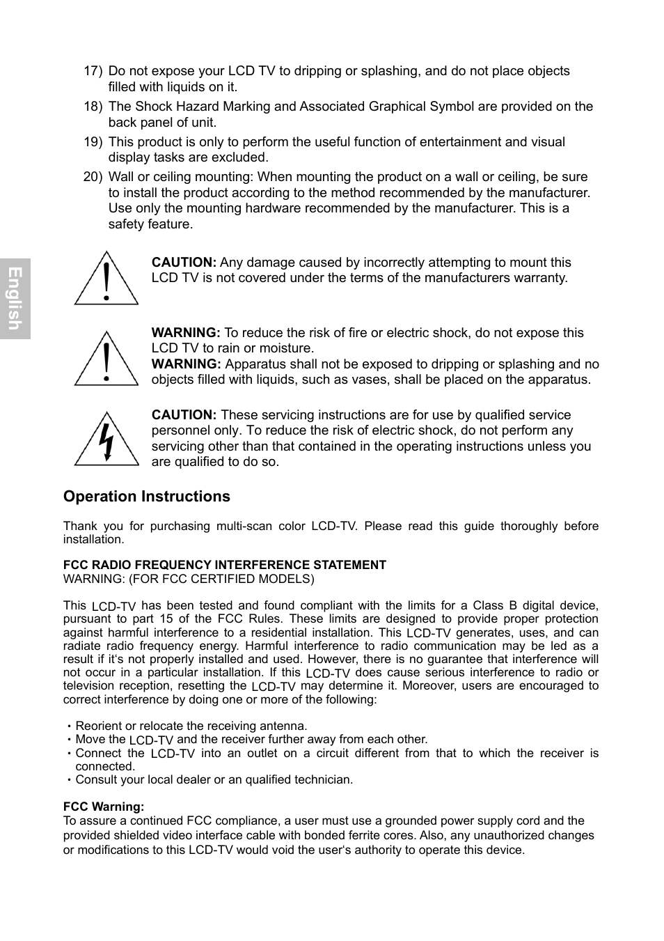 En g lis h, Operation instructions | HANNspree XV Series 32 User Manual | Page 3 / 91