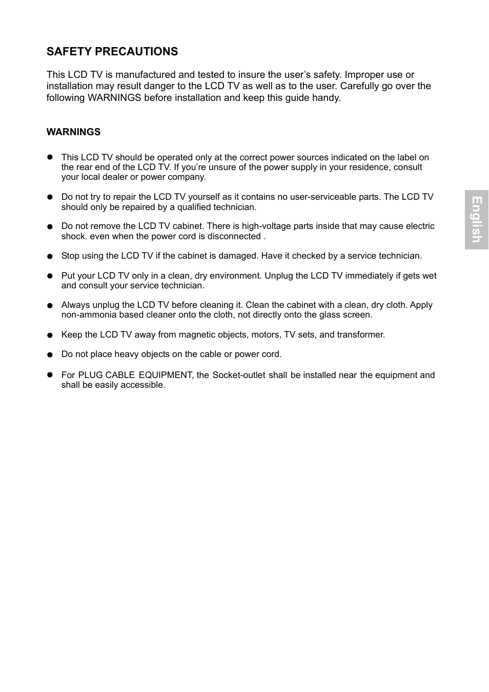 En g lis h, Safety precautions | HANNspree XV Series 32 User Manual | Page 30 / 91