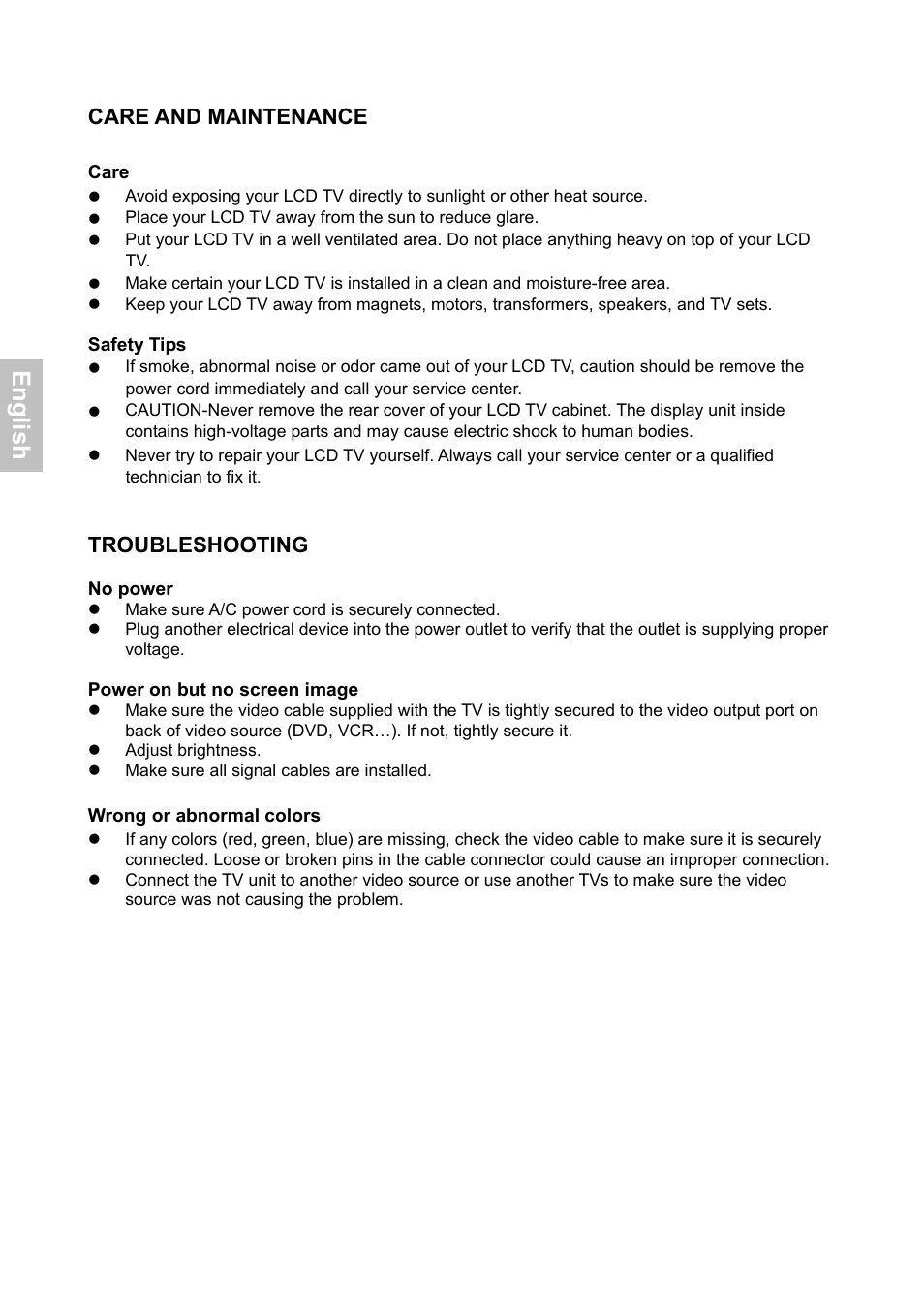 En g lis h, Care and maintenance, Troubleshooting | HANNspree XV Series 32 User Manual | Page 31 / 91