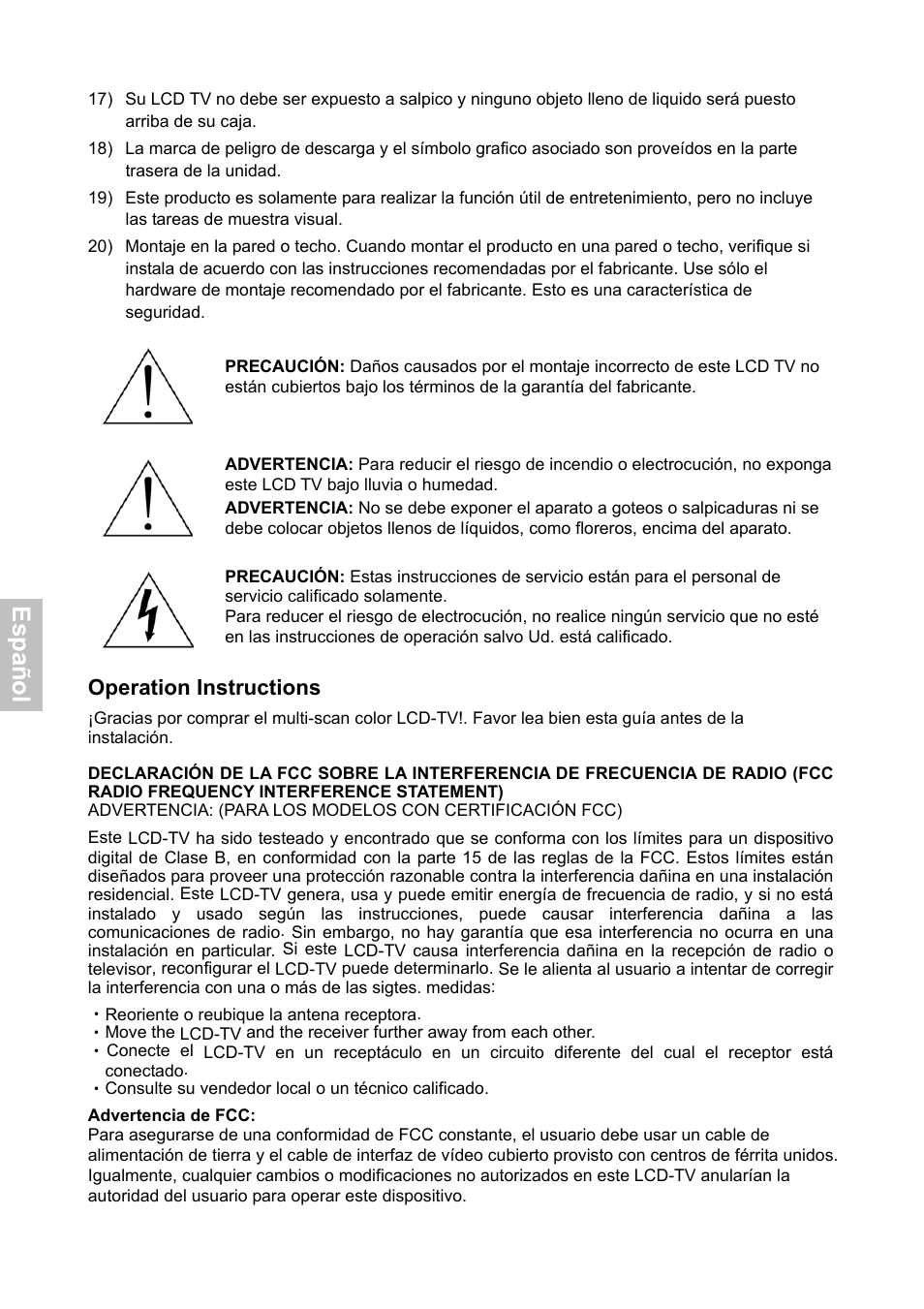 Esp añ o l, Operation instructions | HANNspree XV Series 32 User Manual | Page 33 / 91