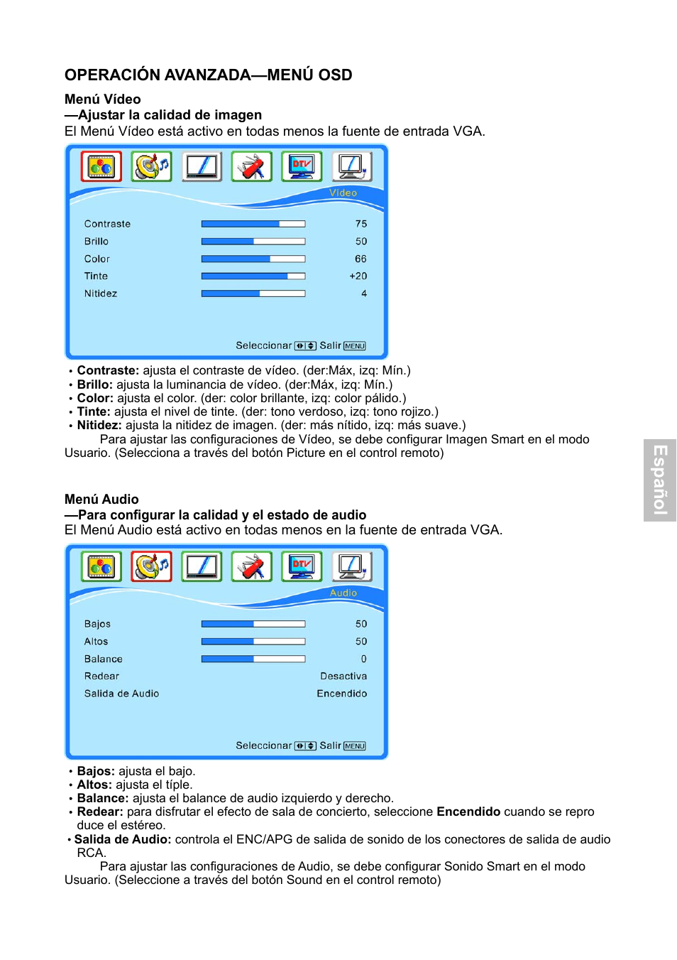 Esp añ o l, Operación avanzada—menú osd | HANNspree XV Series 32 User Manual | Page 48 / 91