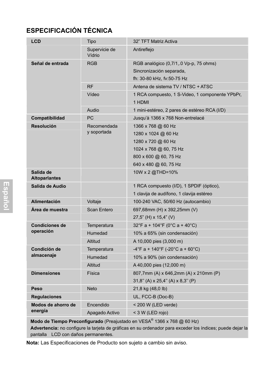 Esp añ o l, Especificación técnica | HANNspree XV Series 32 User Manual | Page 59 / 91