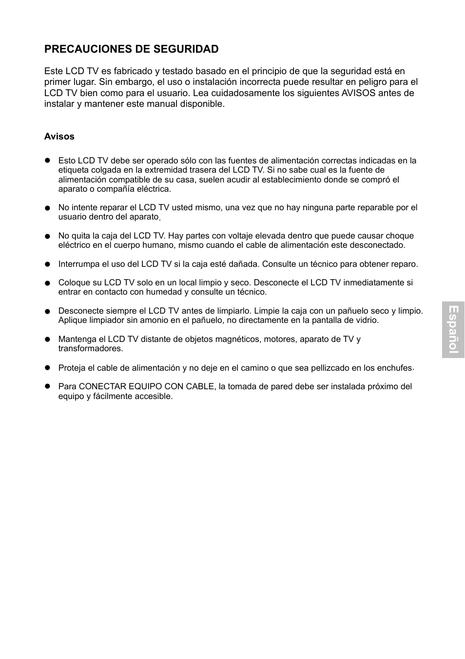 Esp añ o l, Precauciones de seguridad | HANNspree XV Series 32 User Manual | Page 60 / 91
