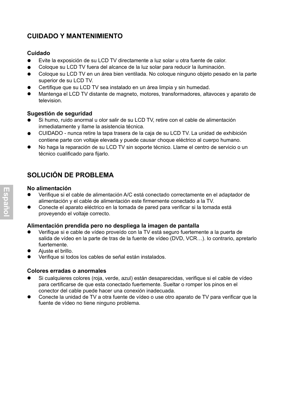 Esp añ o l, Cuidado y mantenimiento, Solución de problema | HANNspree XV Series 32 User Manual | Page 61 / 91