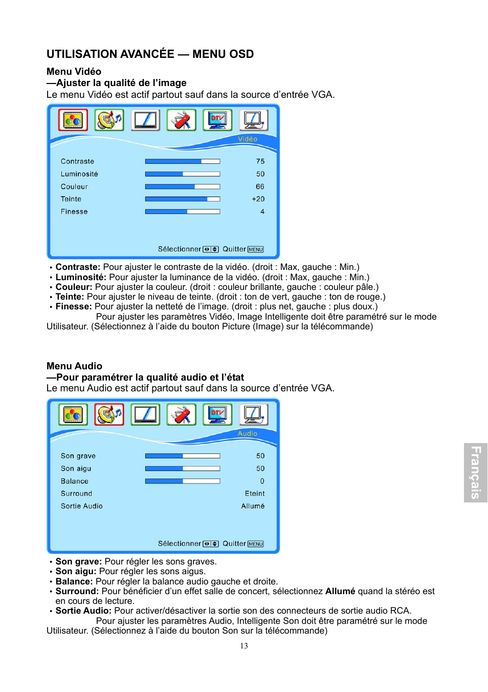 Fra n ça is, Utilisation avancée — menu osd | HANNspree XV Series 32 User Manual | Page 78 / 91