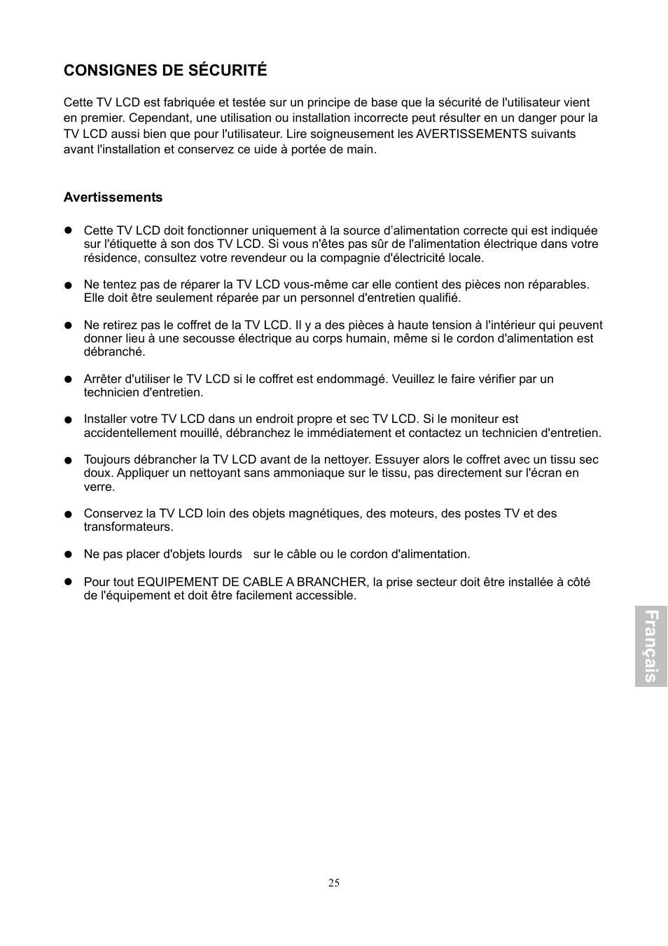 Fra n ça is, Consignes de sécurité | HANNspree XV Series 32 User Manual | Page 90 / 91