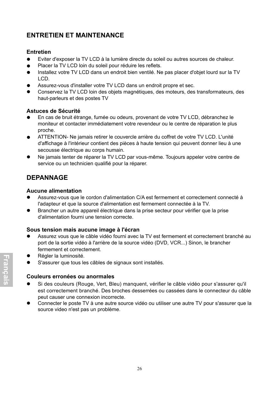 Fra n ça is, Entretien et maintenance, Depannage | HANNspree XV Series 32 User Manual | Page 91 / 91