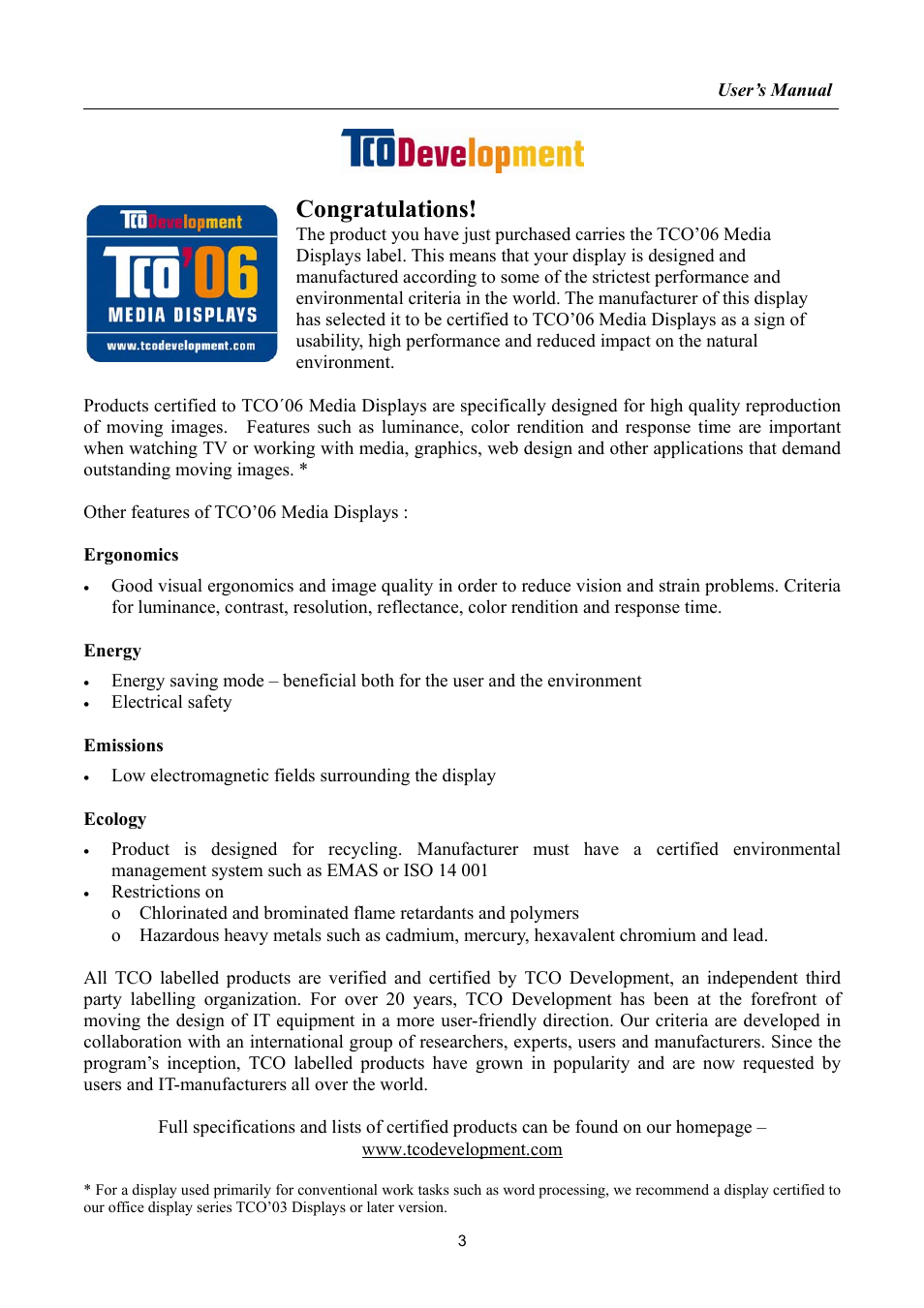 Ergonomics, Emissions | HANNspree HF257 User Manual | Page 3 / 23