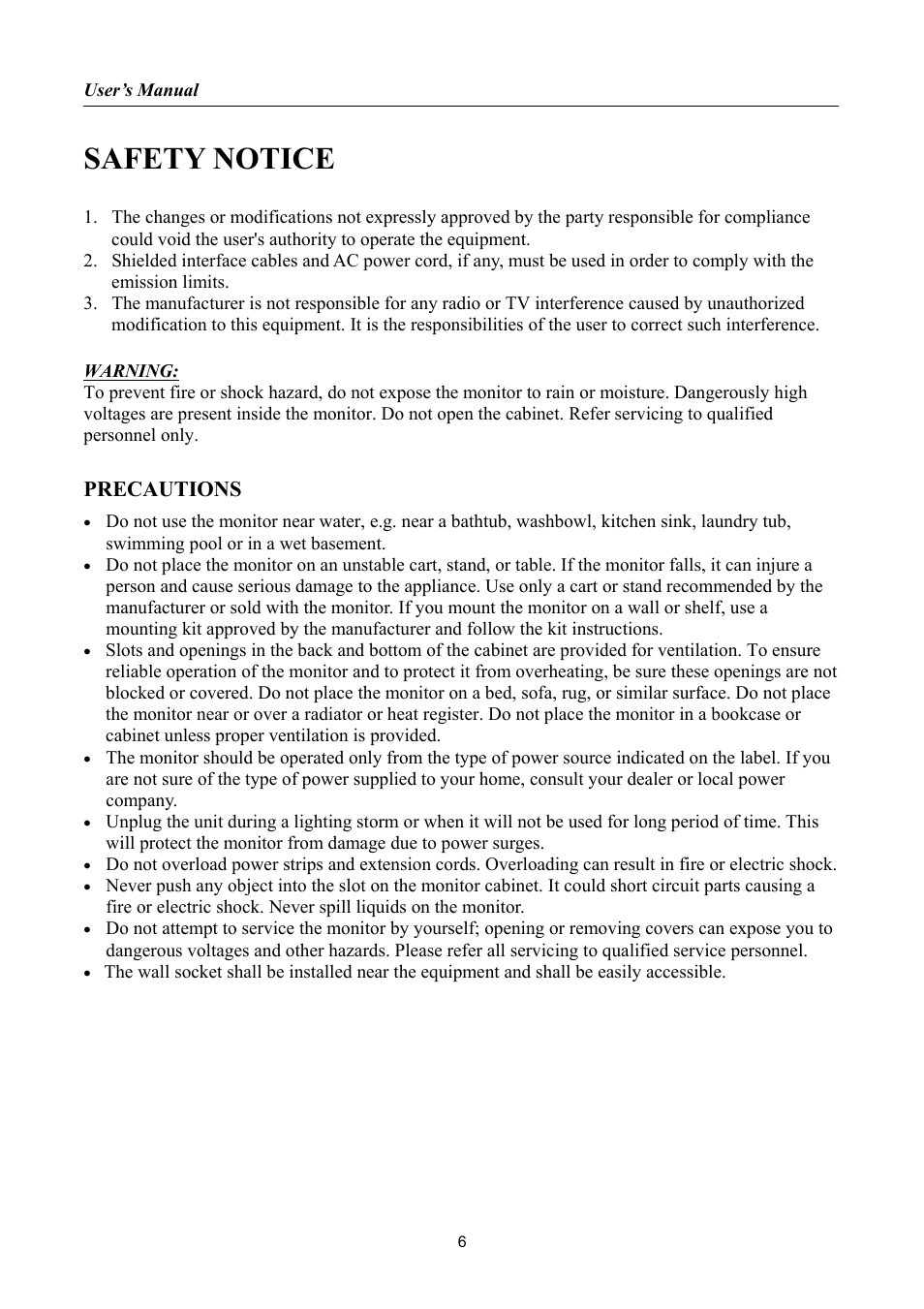 Safety notice, Precautions | HANNspree HF257 User Manual | Page 6 / 23