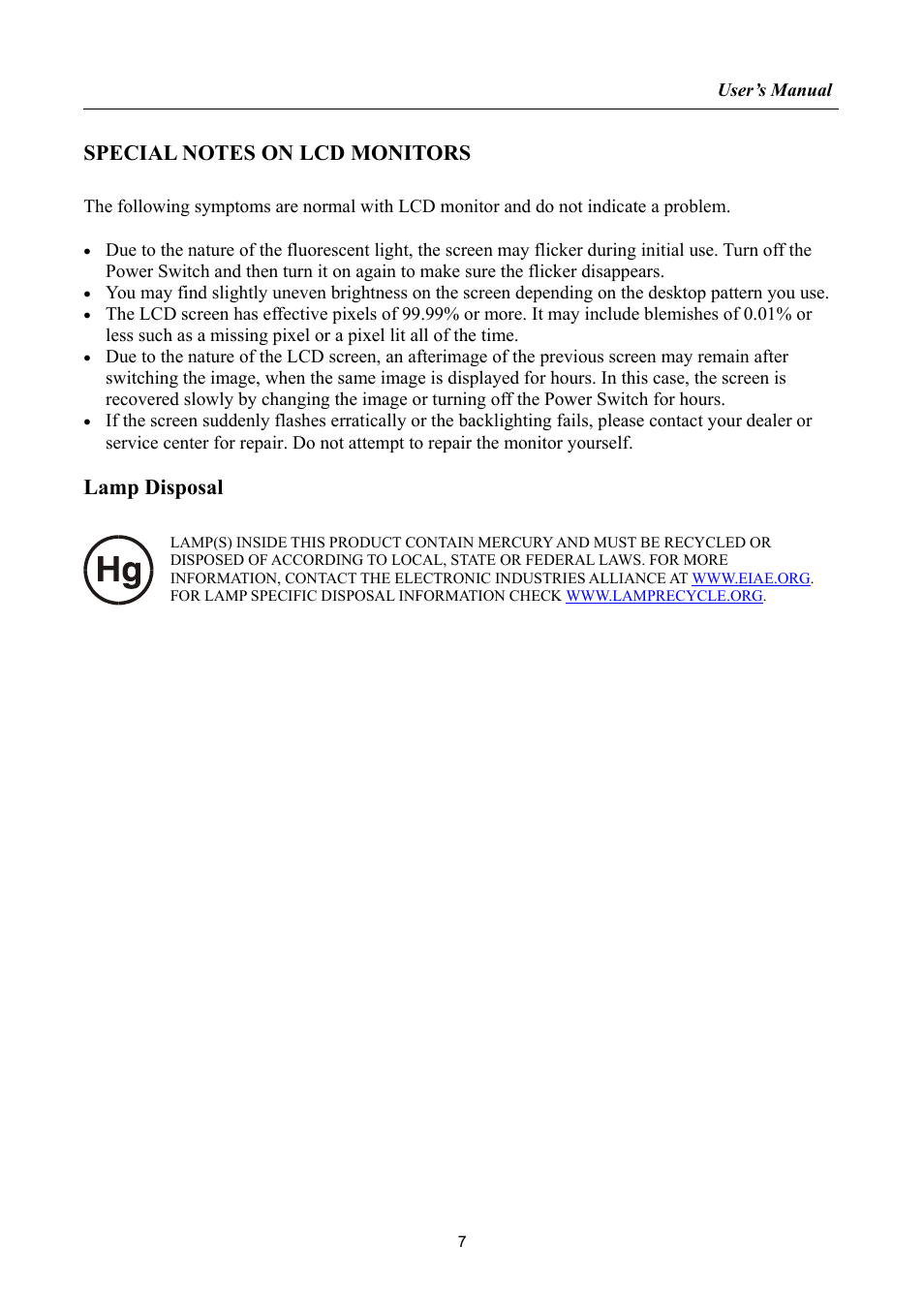 Special notes on lcd monitors, Lamp disposal | HANNspree HF257 User Manual | Page 7 / 23