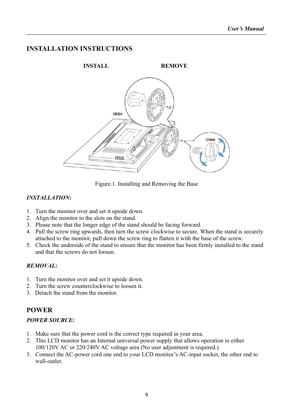 Installation instructions, Power | HANNspree HF257 User Manual | Page 9 / 23