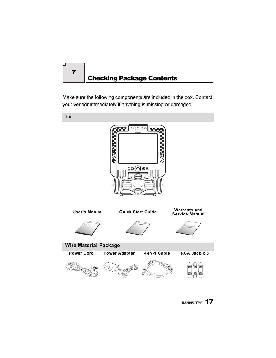 Checking package contents, Wire material package | HANNspree K215-10A1 User Manual | Page 18 / 60