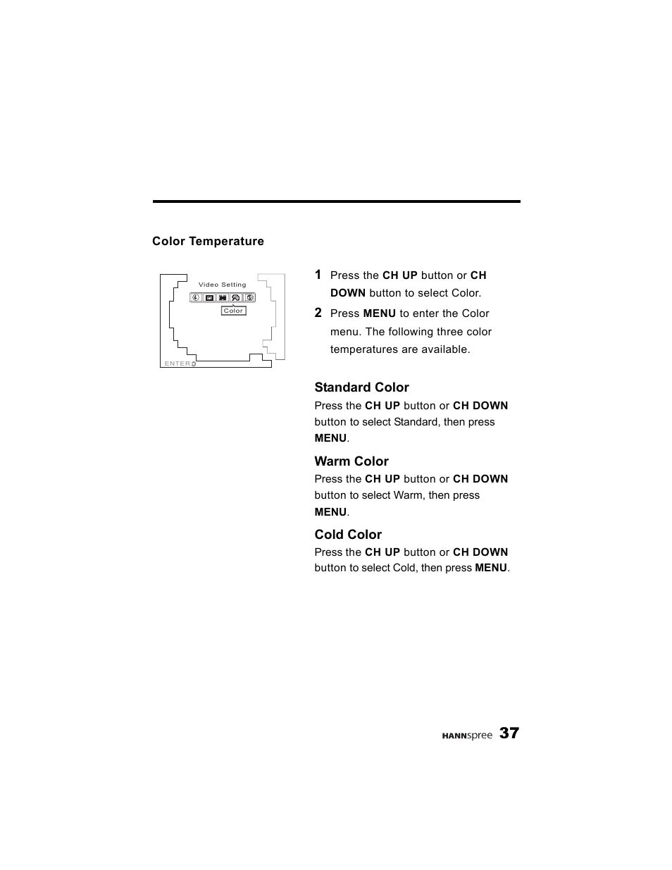 Color temperature, Standard color, Warm color | Cold color | HANNspree K215-10A1 User Manual | Page 38 / 60