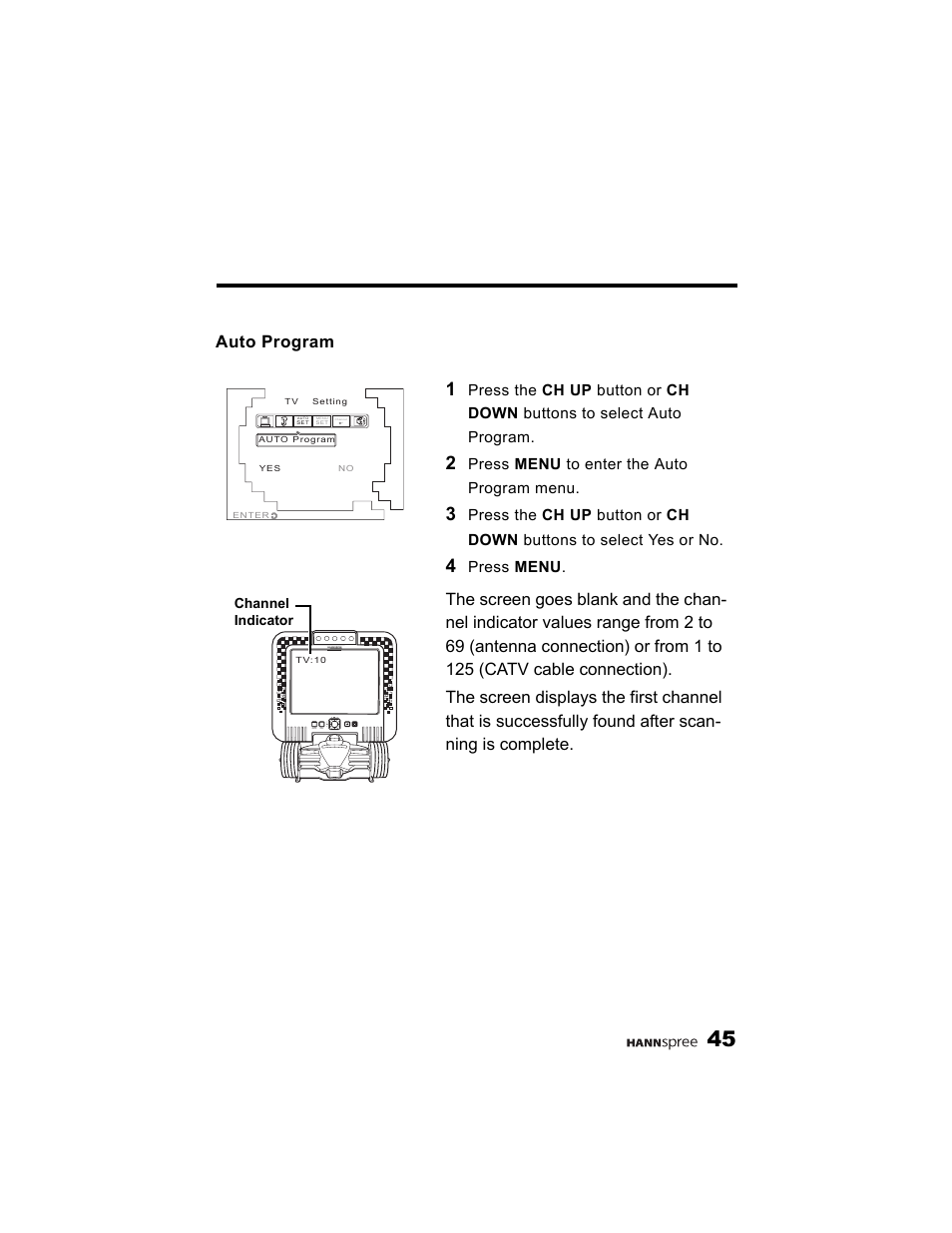 Auto program, Press menu to enter the auto program menu, Press menu | HANNspree K215-10A1 User Manual | Page 46 / 60