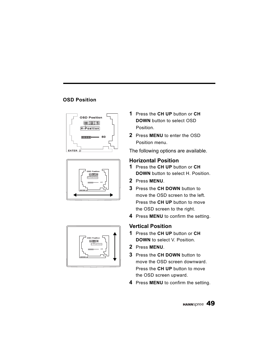 Osd position, Horizontal position 1, Vertical position 1 | The following options are available | HANNspree K215-10A1 User Manual | Page 50 / 60