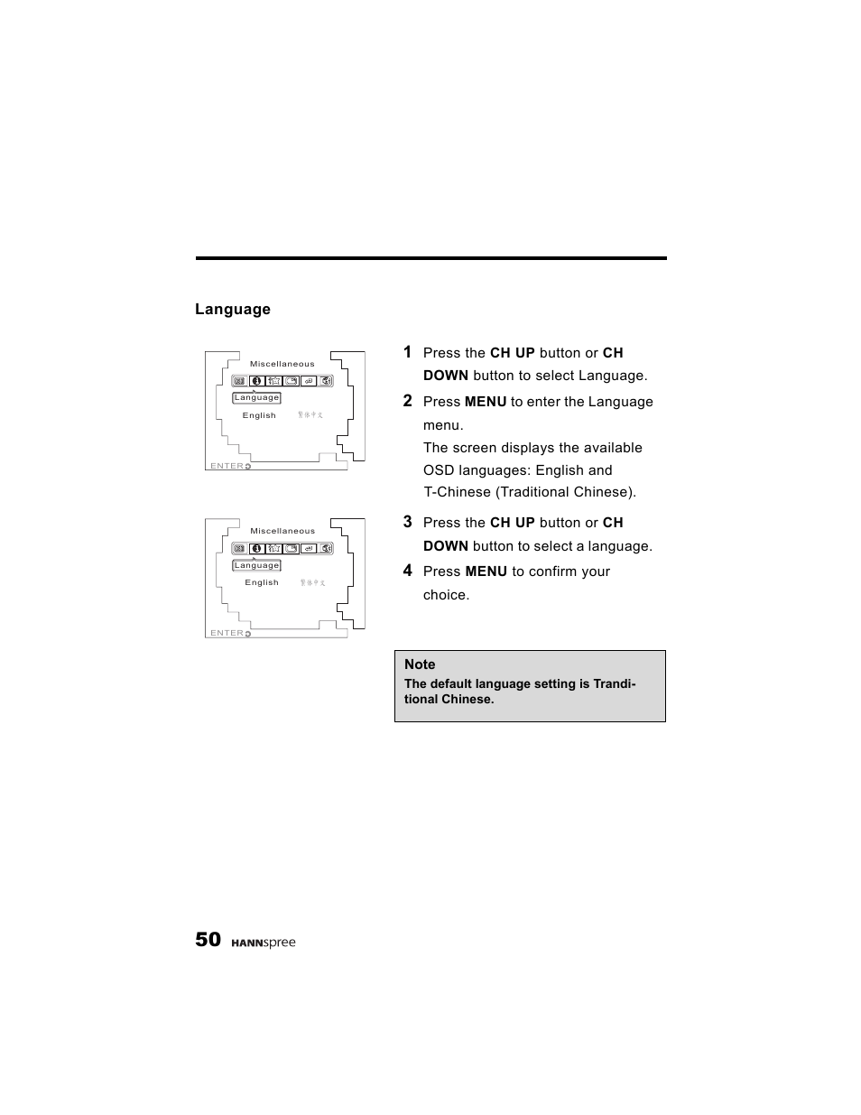 Language, Press menu to confirm your choice | HANNspree K215-10A1 User Manual | Page 51 / 60