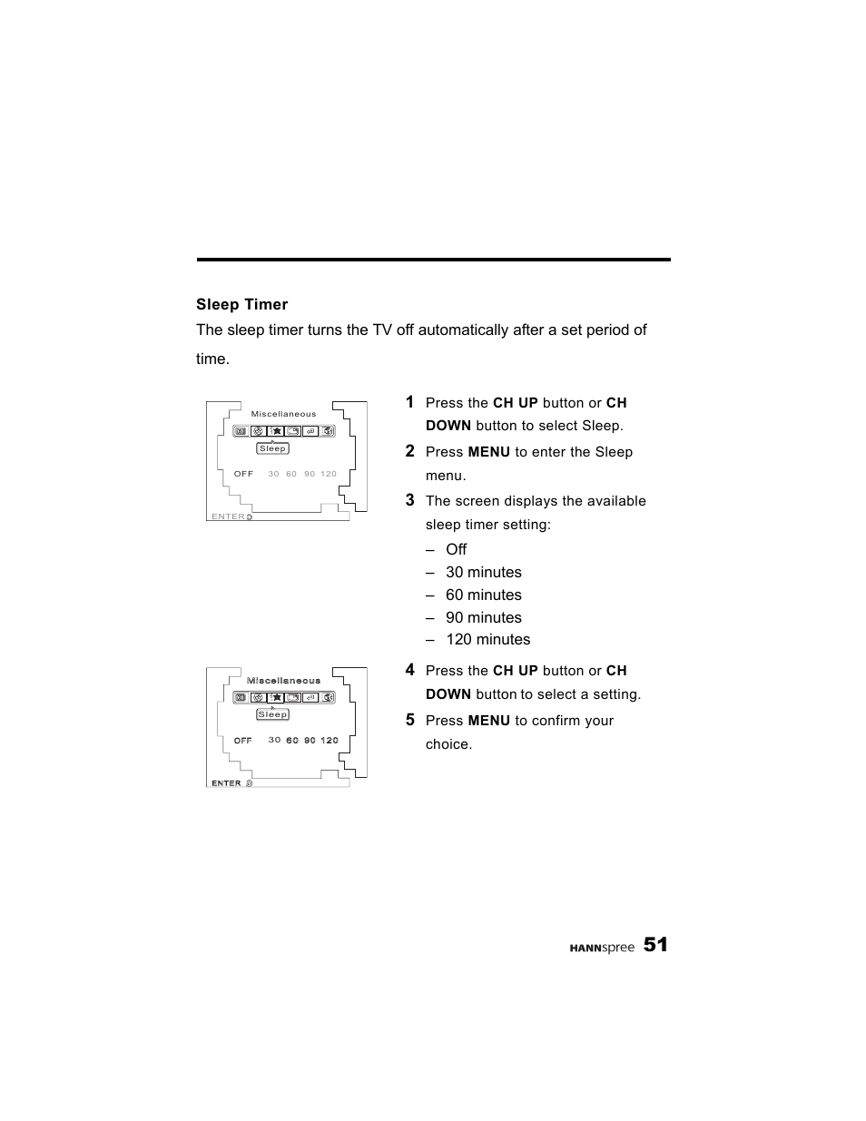 Sleep timer, Press menu to enter the sleep menu, Press the ch up button or ch down button | Press menu to confirm your choice | HANNspree K215-10A1 User Manual | Page 52 / 60