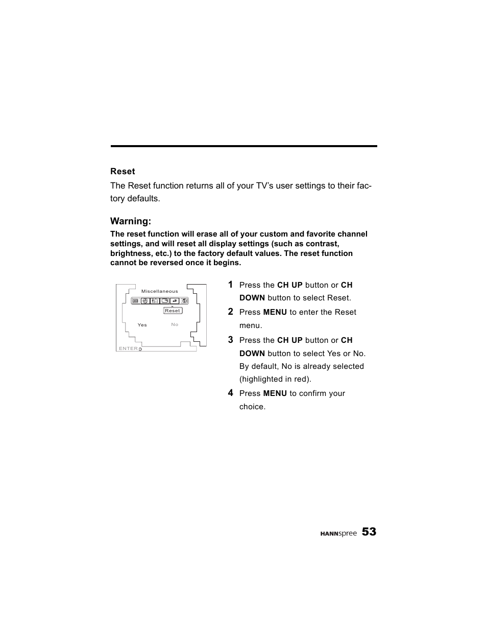 Reset, Warning | HANNspree K215-10A1 User Manual | Page 54 / 60