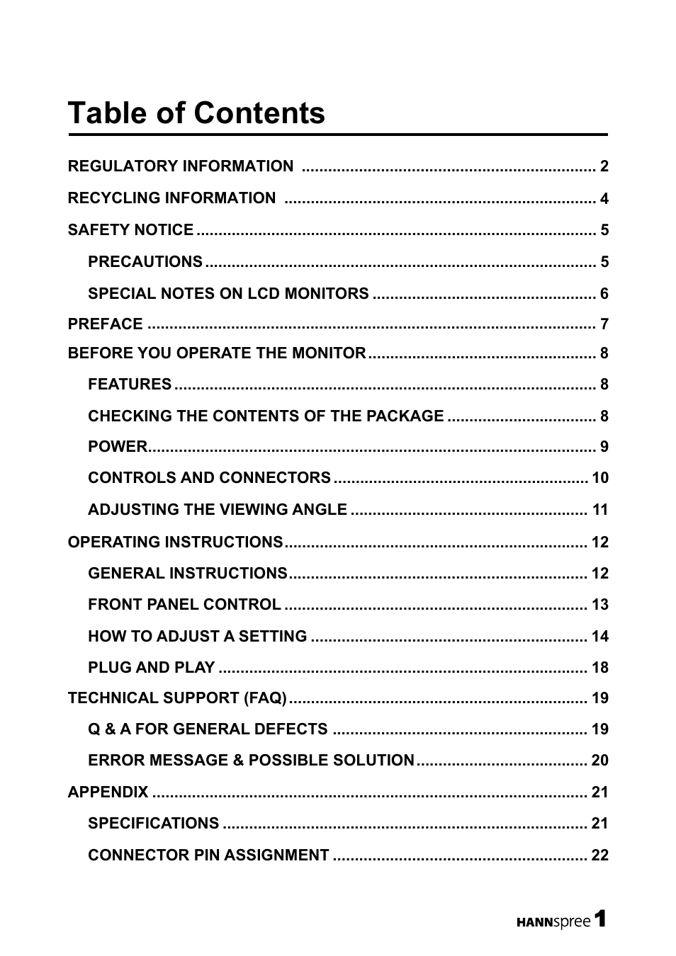 HANNspree 19 Inch Screen TFT LCD Monitor User Manual | Page 2 / 24