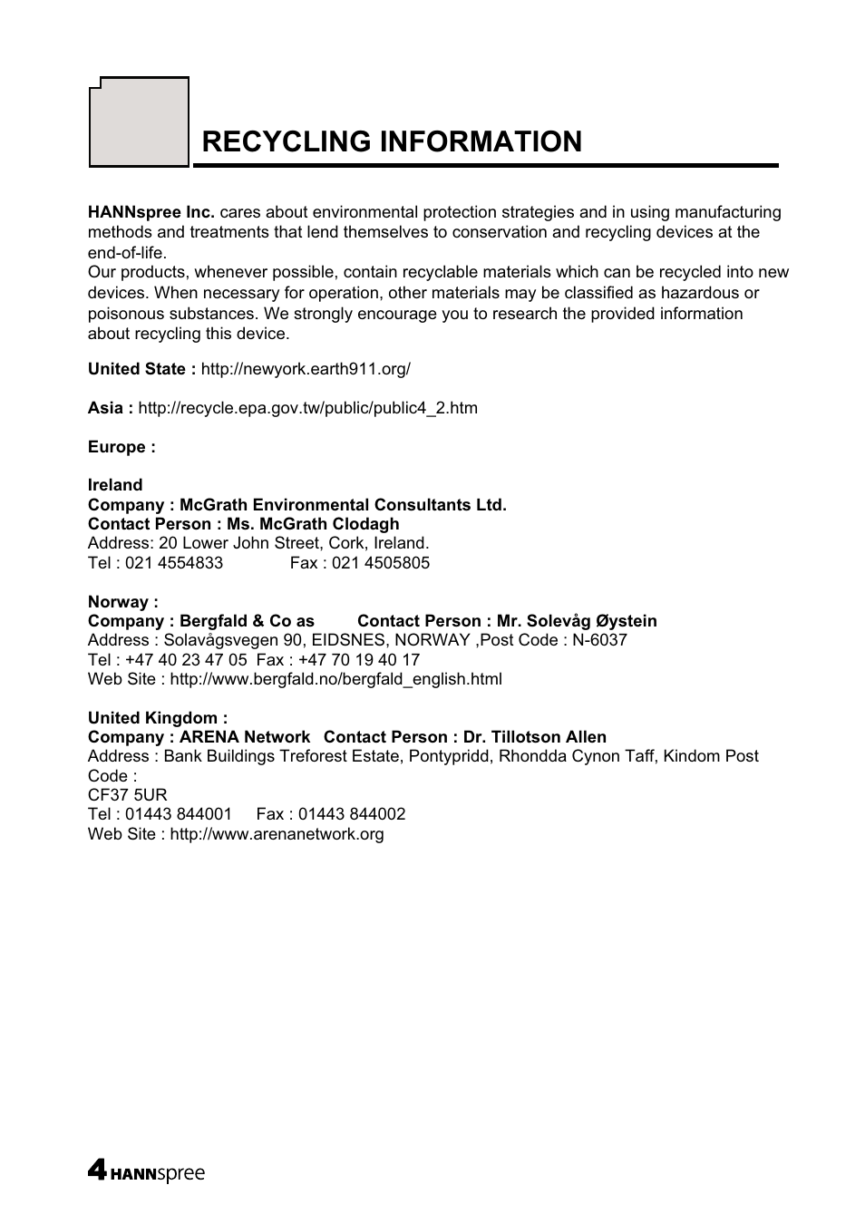 Recycling information | HANNspree 19 Inch Screen TFT LCD Monitor User Manual | Page 5 / 24
