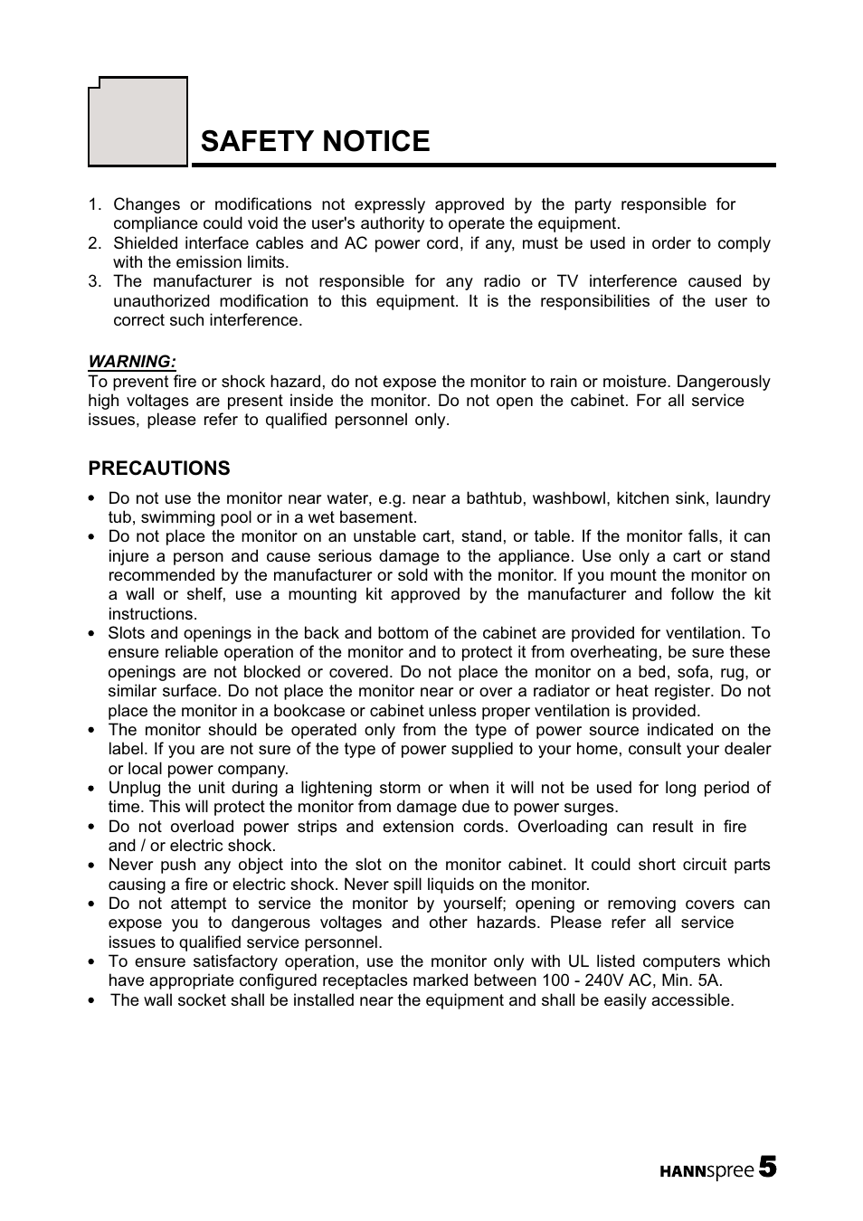 Safety notice | HANNspree 19 Inch Screen TFT LCD Monitor User Manual | Page 6 / 24