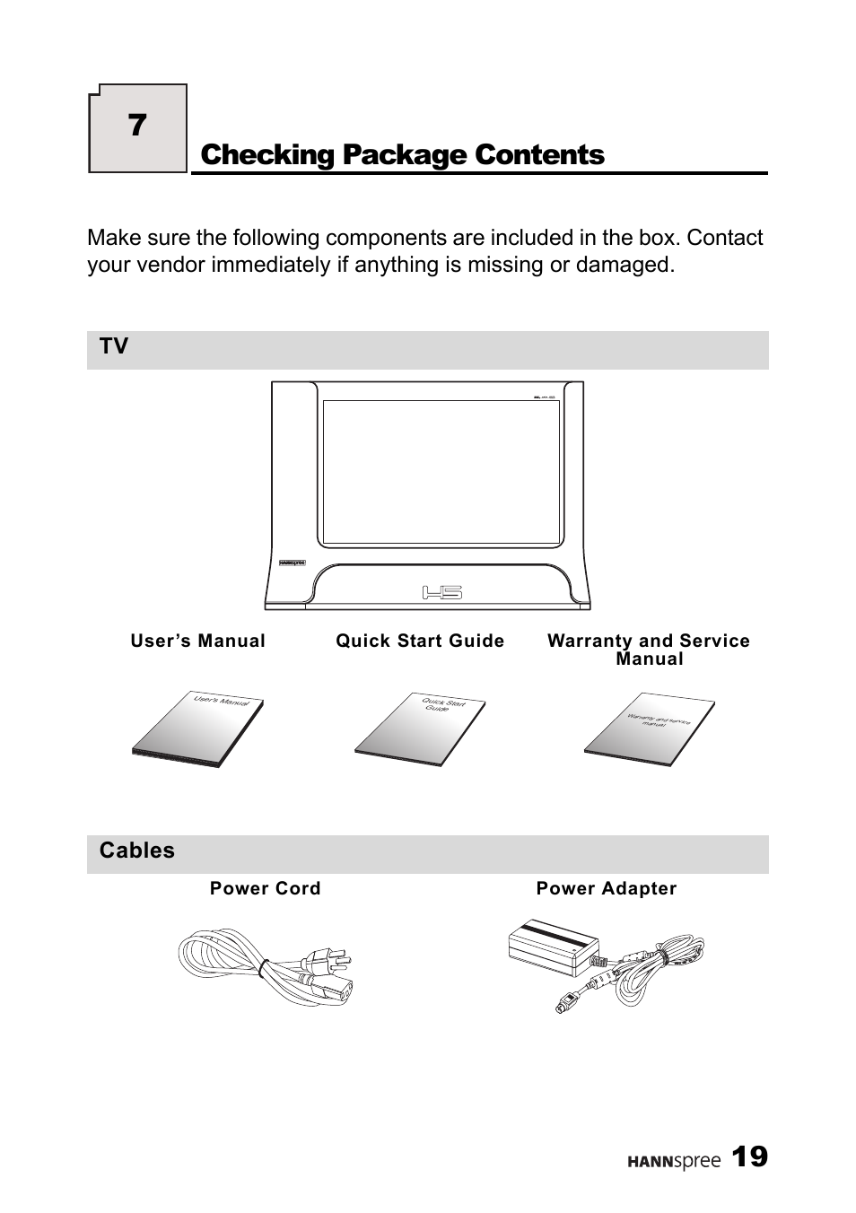 Checking package contents, Cables, Power cord power adapter | HANNspree LT11-23A1 User Manual | Page 20 / 81