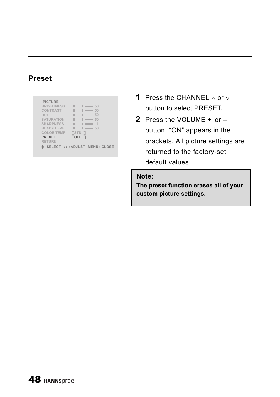 Preset, Press the channel ∧ or ∨ button to select preset | HANNspree LT11-23A1 User Manual | Page 49 / 81