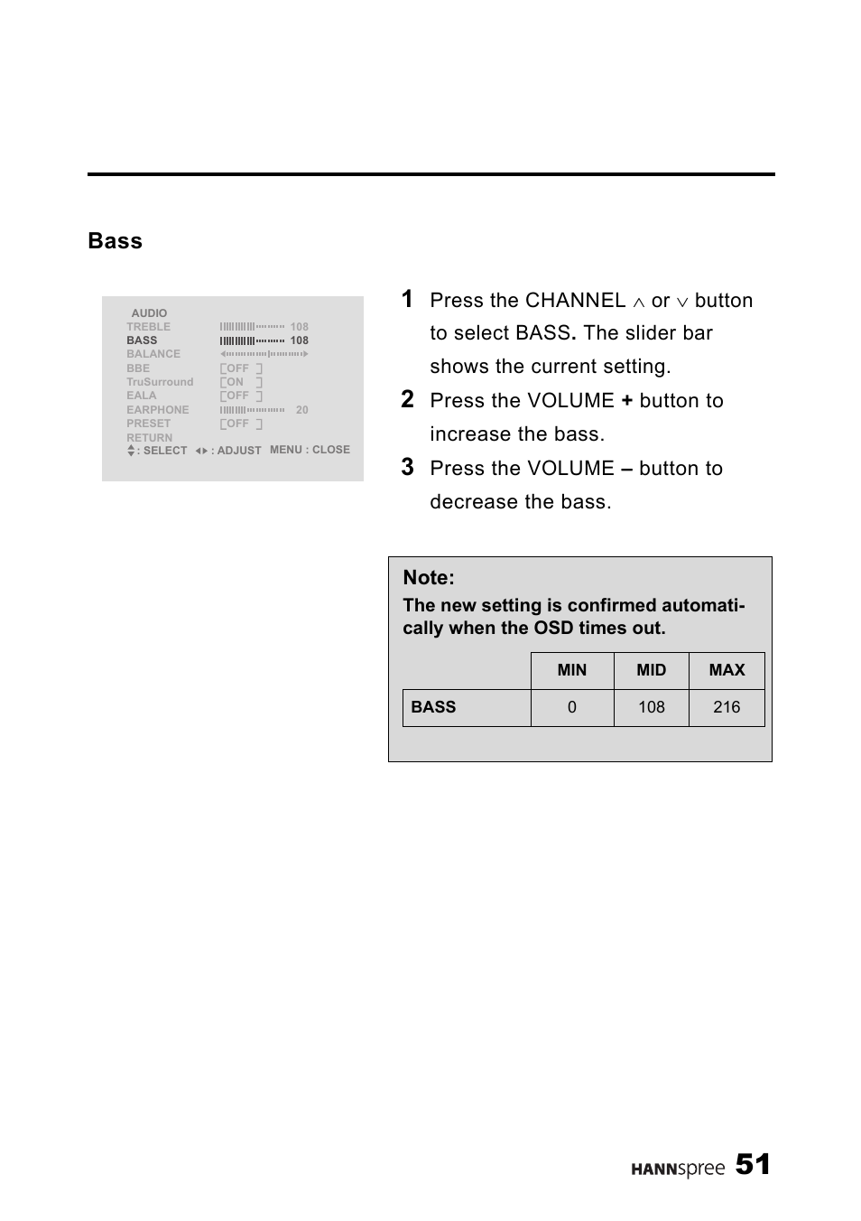 Bass, Press the volume + button to increase the bass, Press the volume – button to decrease the bass | HANNspree LT11-23A1 User Manual | Page 52 / 81