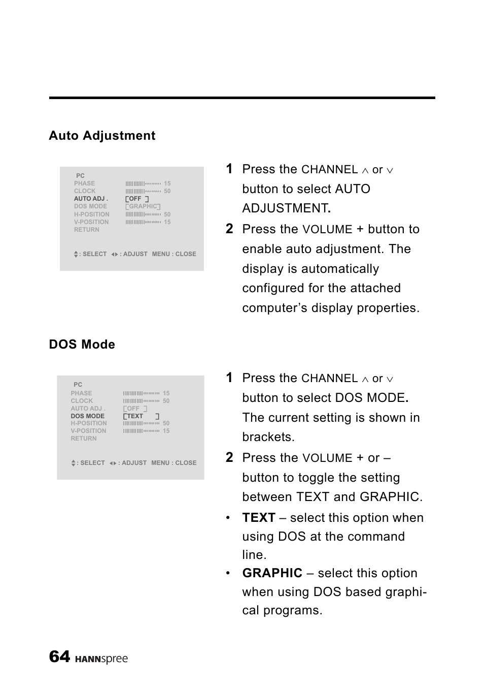 Auto adjustment dos mode, Press the, Button to select auto adjustment | Channel ∧ or, Volume | HANNspree LT11-23A1 User Manual | Page 65 / 81