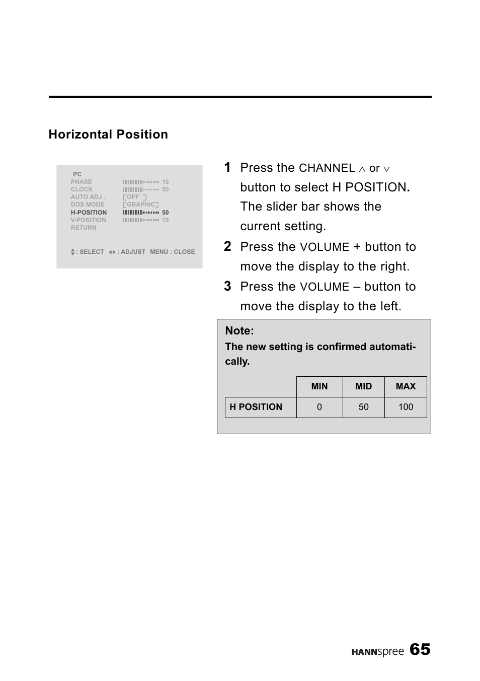 Horizontal position, Press the, Button to move the display to the right | Button to move the display to the left, Channel ∧ or, Volume | HANNspree LT11-23A1 User Manual | Page 66 / 81