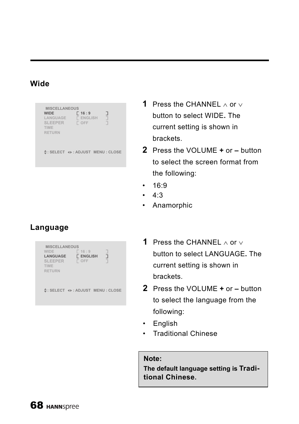 Wide language, Tradi- tional chinese | HANNspree LT11-23A1 User Manual | Page 69 / 81
