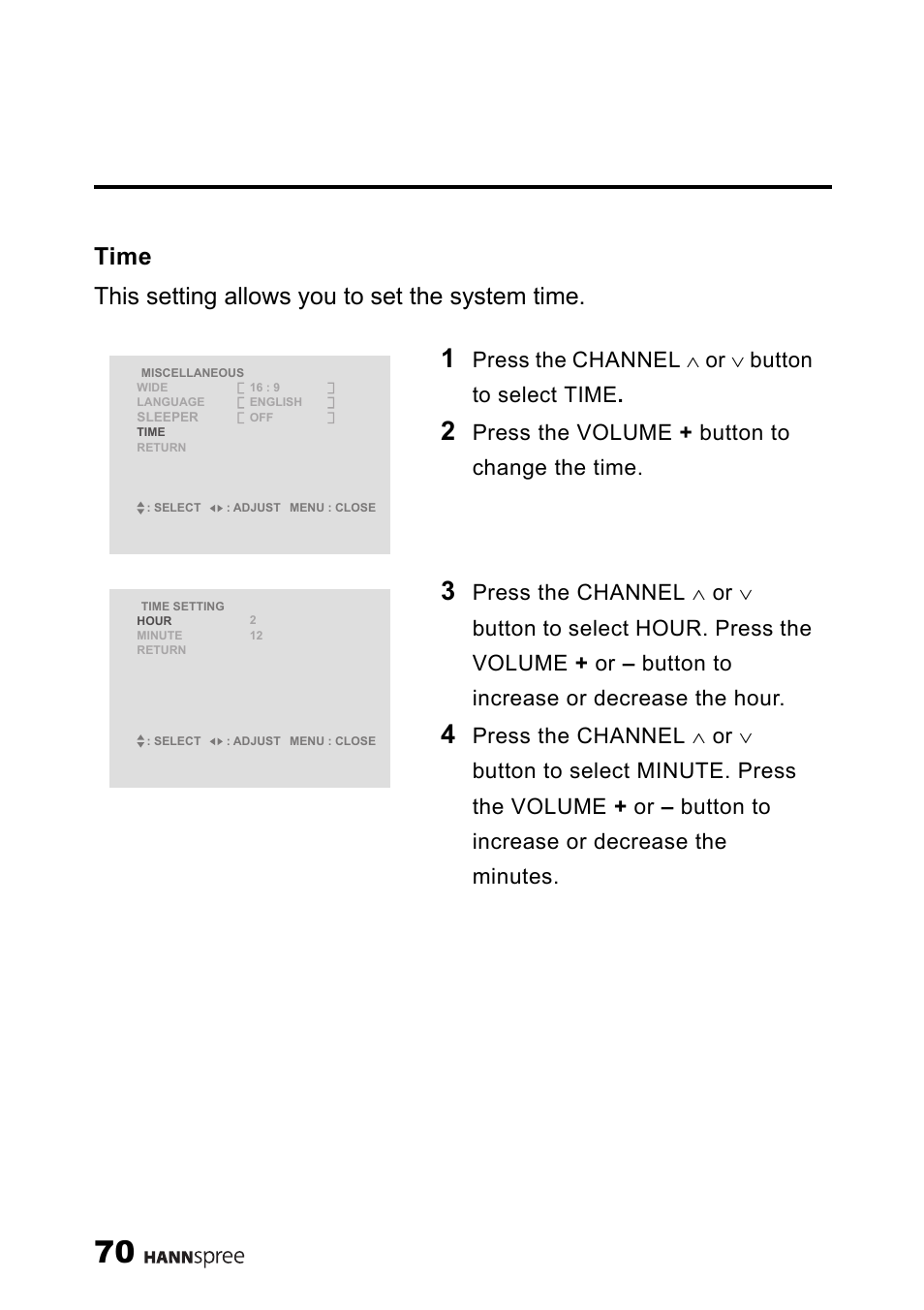 Time, Press the channel ∧ or ∨ button to select time, Press the volume + button to change the time | HANNspree LT11-23A1 User Manual | Page 71 / 81