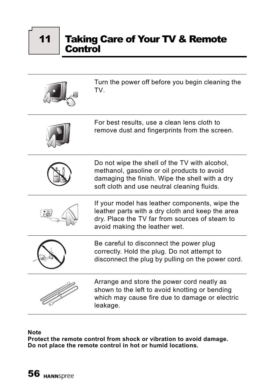 Taking care of your tv & remote control, 11 taking care of your tv & remote control | HANNspree MAK-000001 User Manual | Page 57 / 63