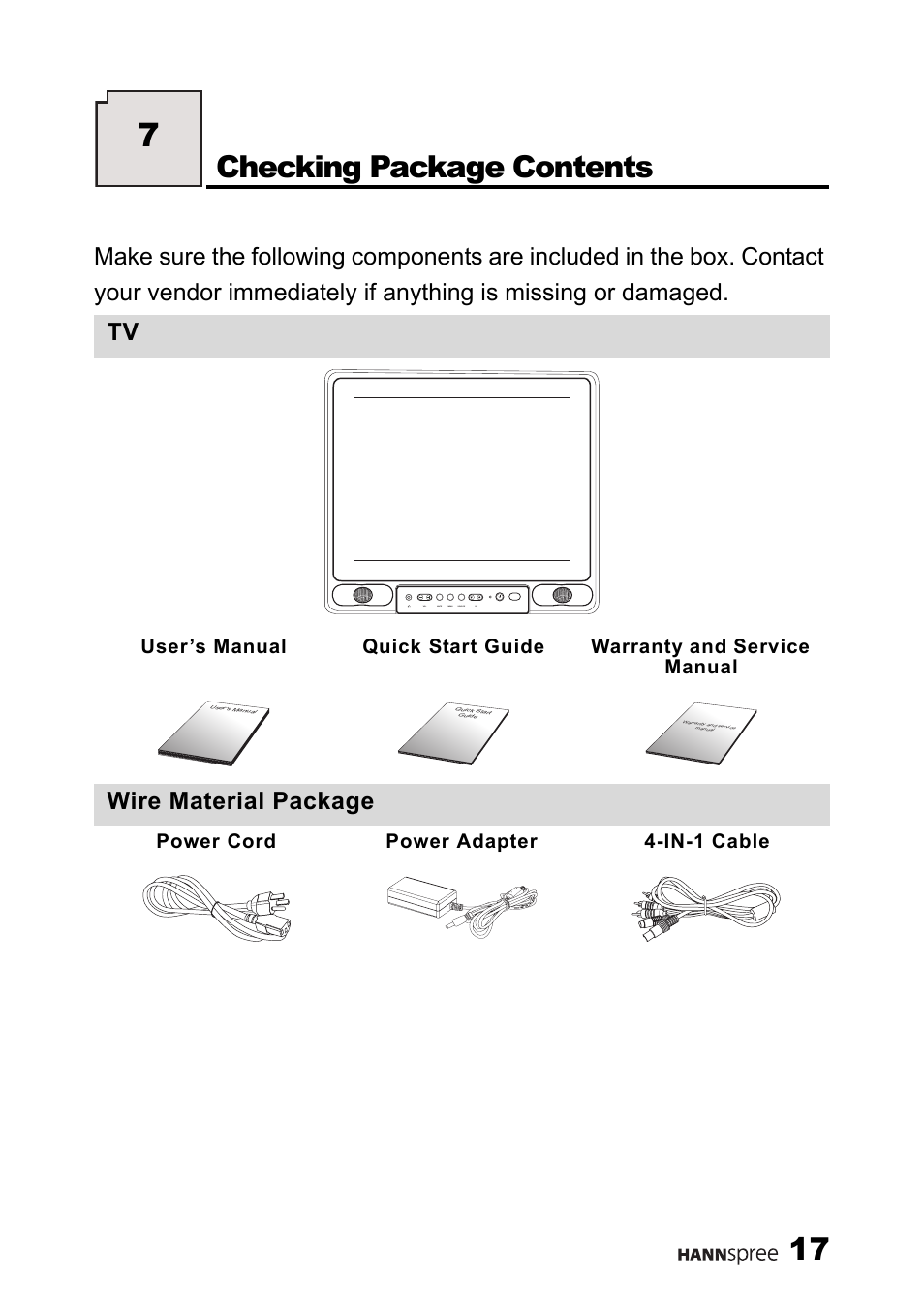 Checking package contents, Wire material package, Power cord power adapter 4-in-1 cable | HANNspree ST03-15A1 User Manual | Page 19 / 59