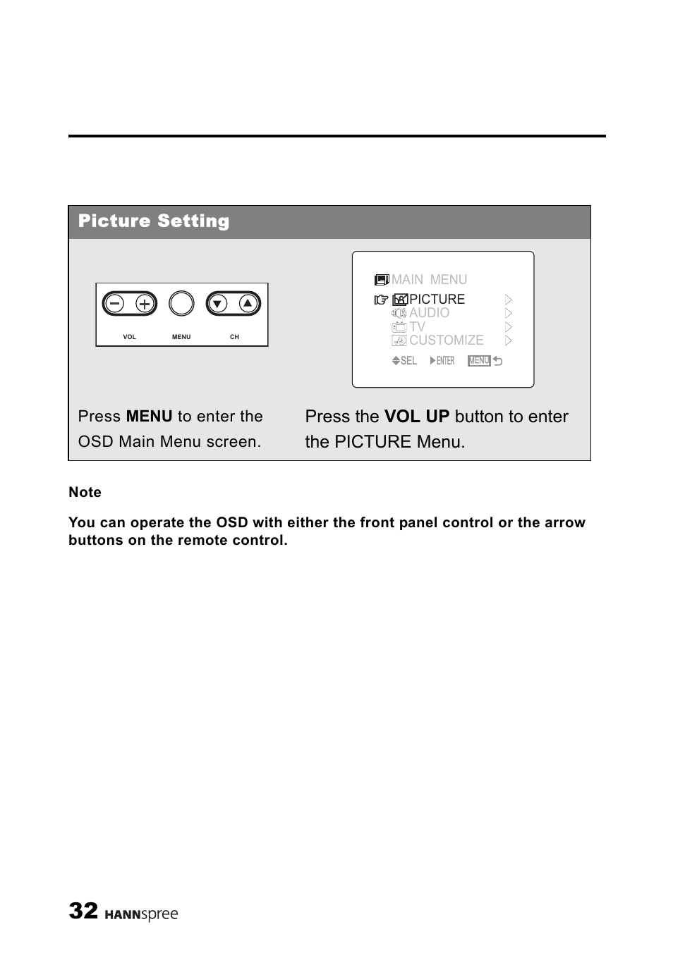 Picture setting, Press the vol up button to enter the picture menu, Press menu to enter the osd main menu screen | HANNspree ST03-15A1 User Manual | Page 34 / 59