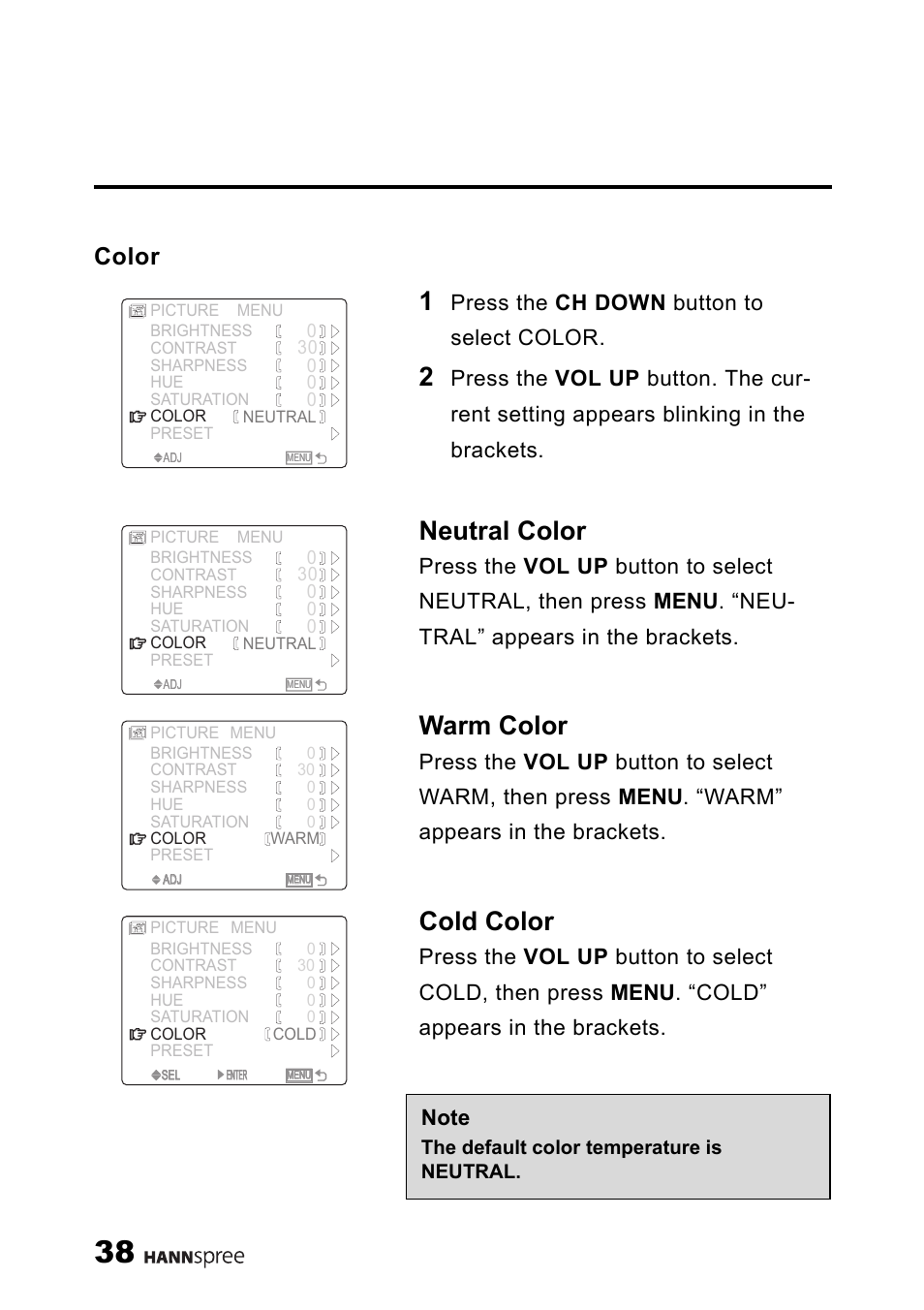 Color, Neutral color, Warm color | Cold color, Press the ch down button to select color | HANNspree ST03-15A1 User Manual | Page 40 / 59