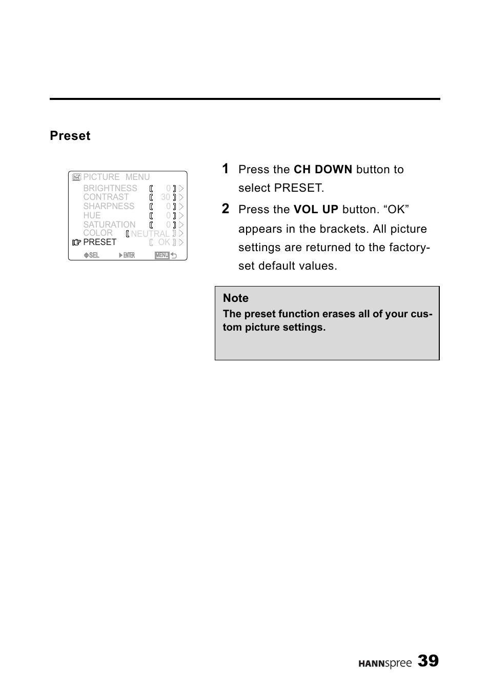 Preset, Press the ch down button to select preset | HANNspree ST03-15A1 User Manual | Page 41 / 59