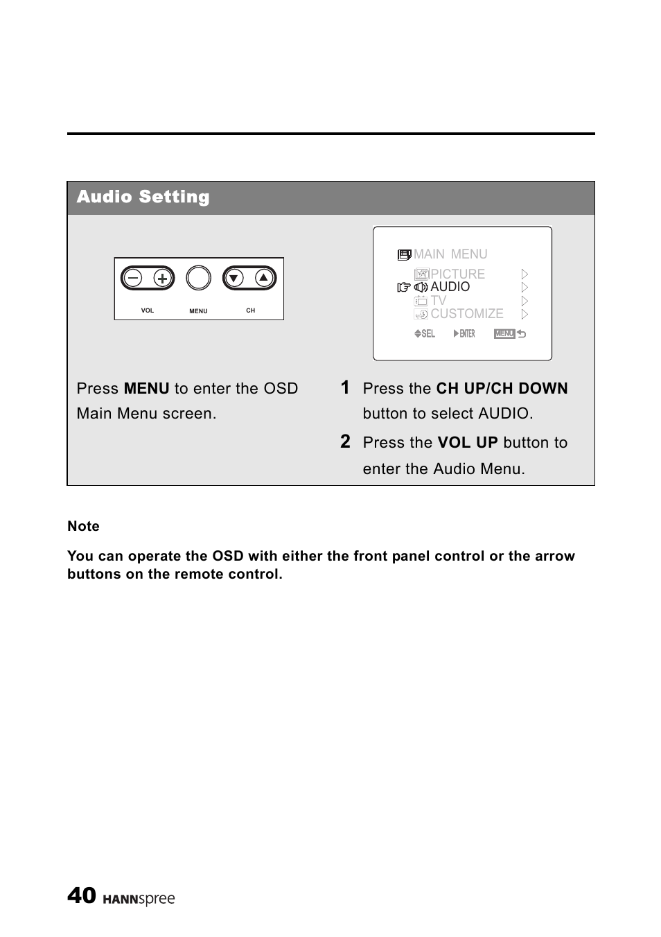 Audio setting, Press menu to enter the osd main menu screen, Press the ch up/ch down button to select audio | Press the vol up button to enter the audio menu | HANNspree ST03-15A1 User Manual | Page 42 / 59