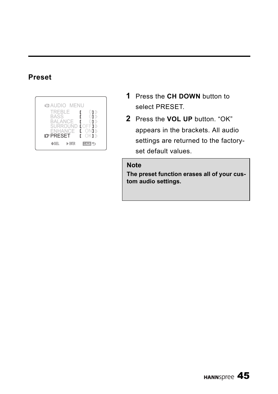 Preset, Press the ch down button to select preset | HANNspree ST03-15A1 User Manual | Page 47 / 59