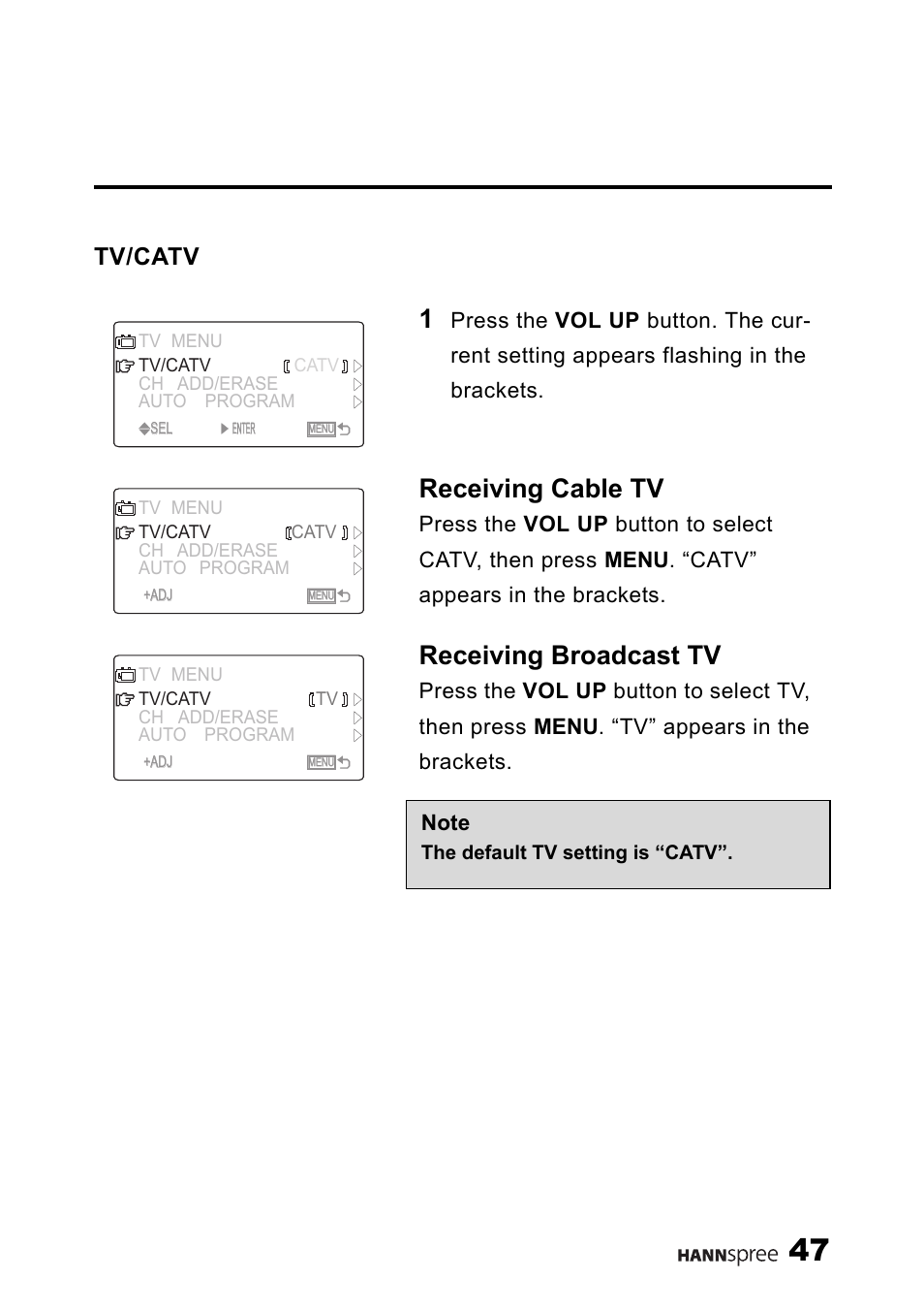 Tv/catv, Receiving cable tv, Receiving broadcast tv | HANNspree ST03-15A1 User Manual | Page 49 / 59