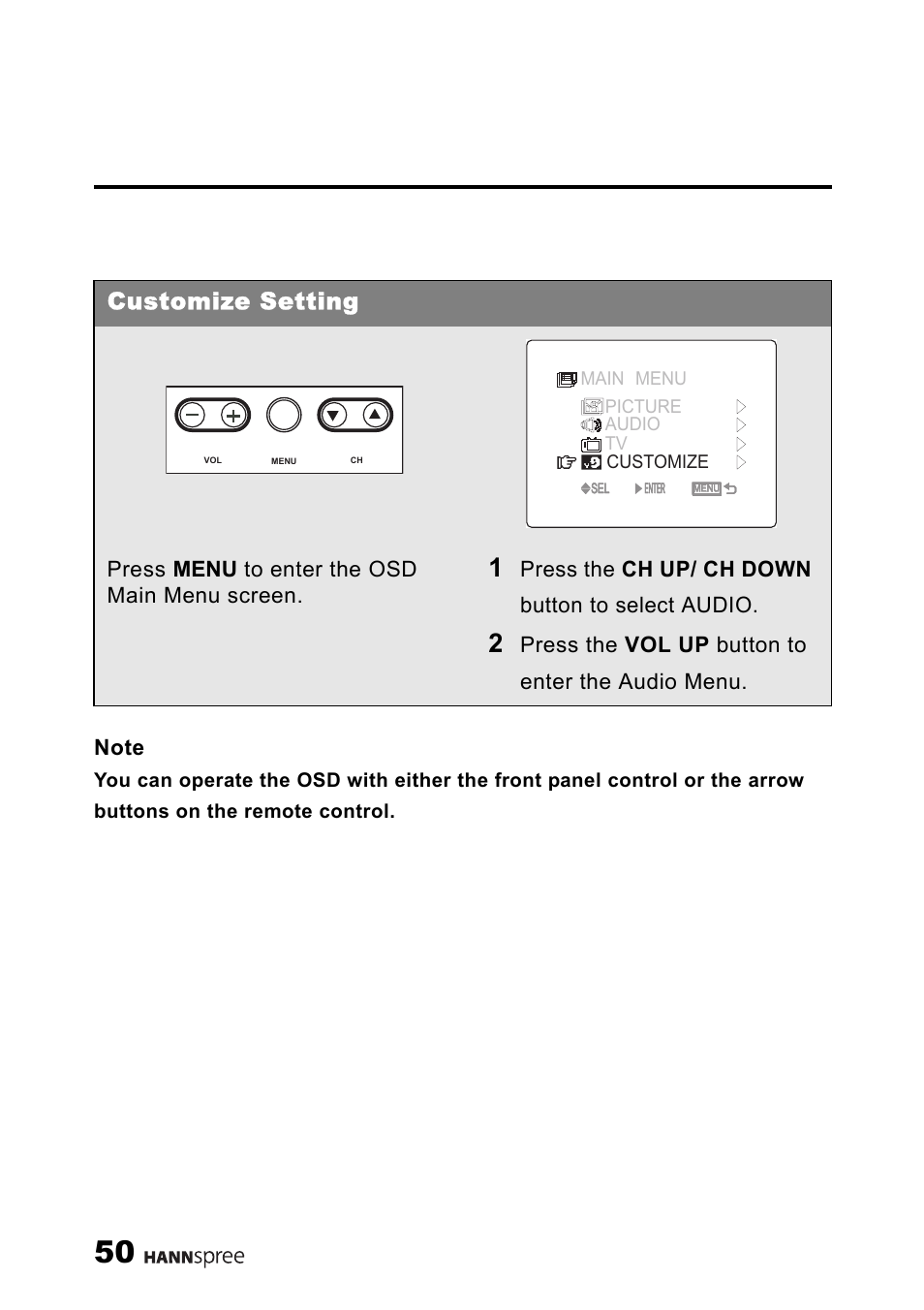 Customize setting, Press menu to enter the osd main menu screen, Press the ch up/ ch down button to select audio | Press the vol up button to enter the audio menu | HANNspree ST03-15A1 User Manual | Page 52 / 59