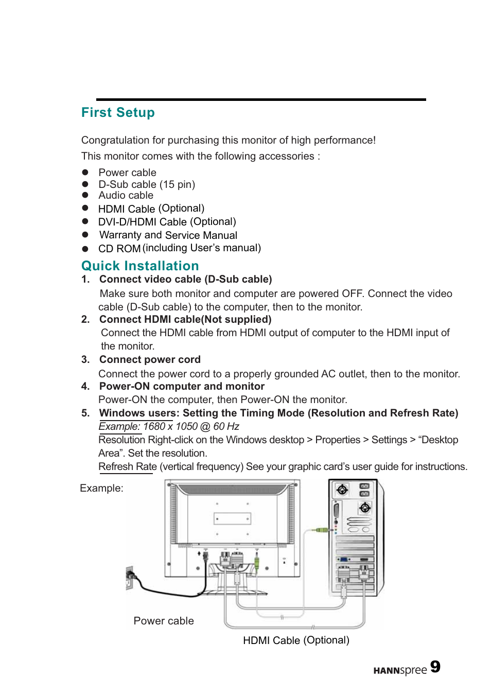 Before you operate the monitor, Features, Checking the contents of the package | First setup, Quick installation | HANNspree 22" Liquid Crystal Display monitor XM User Manual | Page 10 / 18