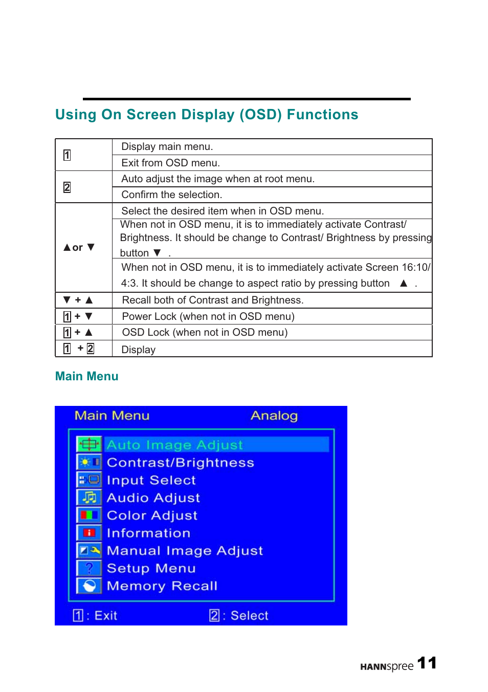 Controls and connectors, Cable connections, Using on screen display (osd) functions | HANNspree 22" Liquid Crystal Display monitor XM User Manual | Page 12 / 18