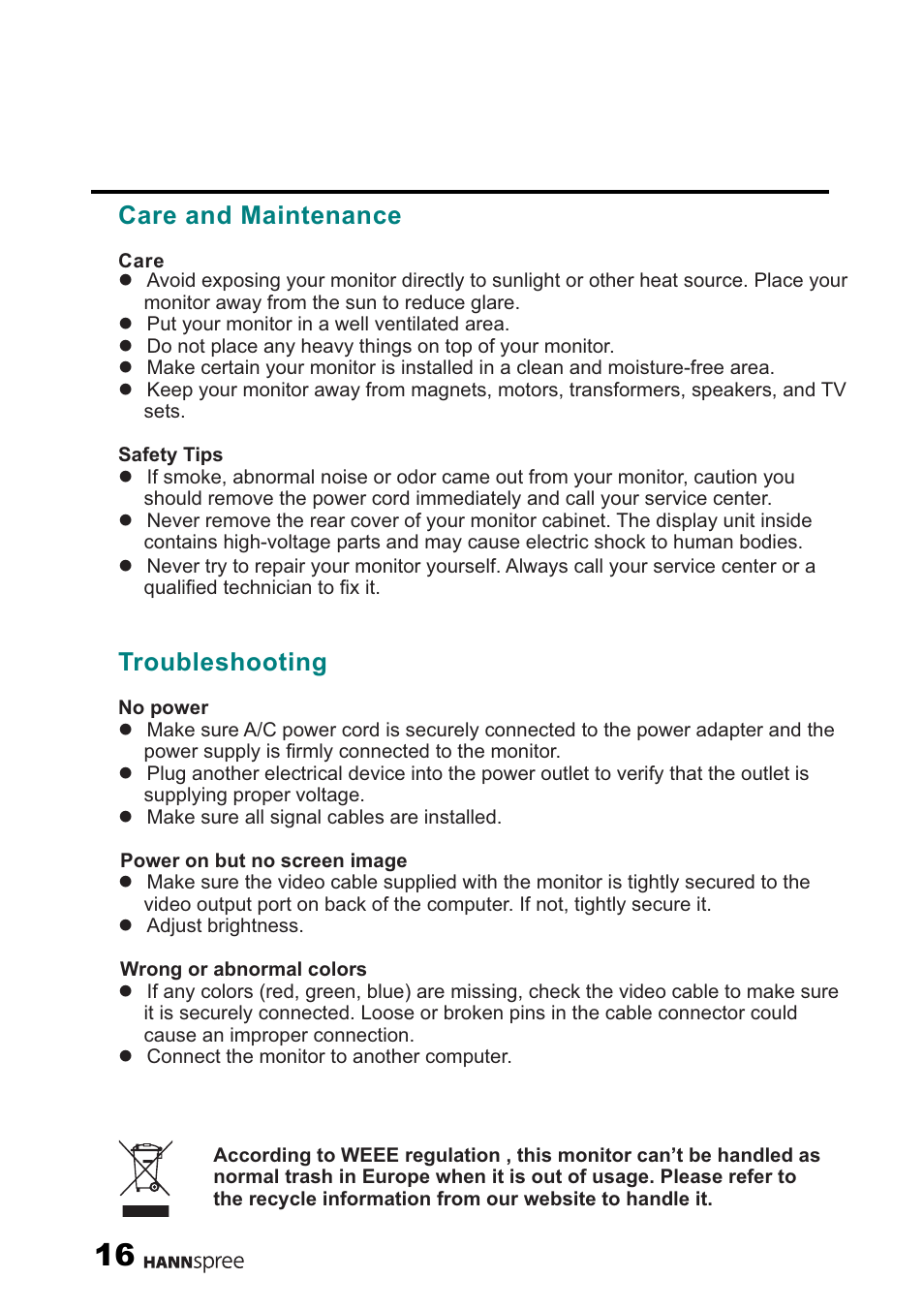 How to adjust a setting, Care and maintenance, Troubleshooting | HANNspree 22" Liquid Crystal Display monitor XM User Manual | Page 17 / 18