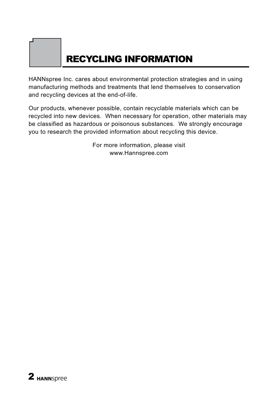 Should be retained for future reference, 2recycling information | HANNspree 22" Liquid Crystal Display monitor XM User Manual | Page 3 / 18
