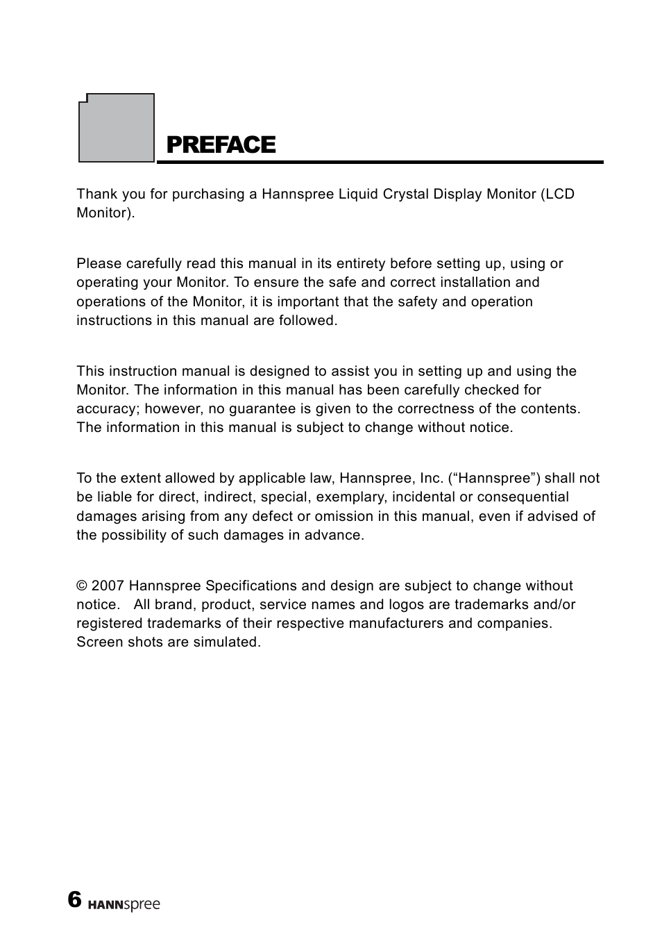 Preface | HANNspree 22" Liquid Crystal Display monitor XM User Manual | Page 7 / 18