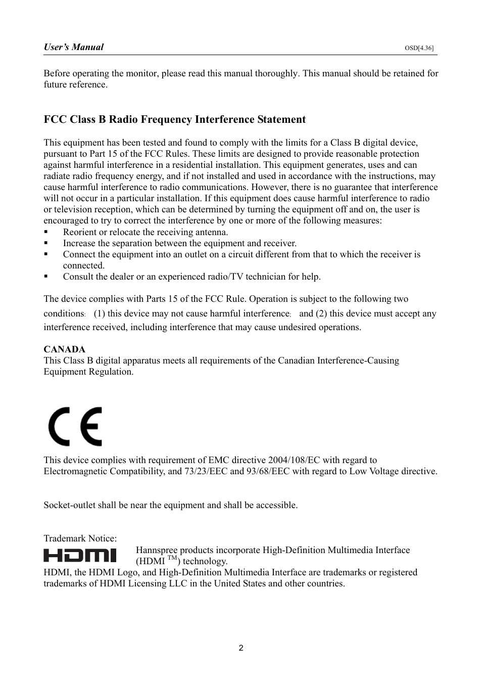 Fcc class b radio frequency interference statement | HANNspree HF255 User Manual | Page 2 / 23