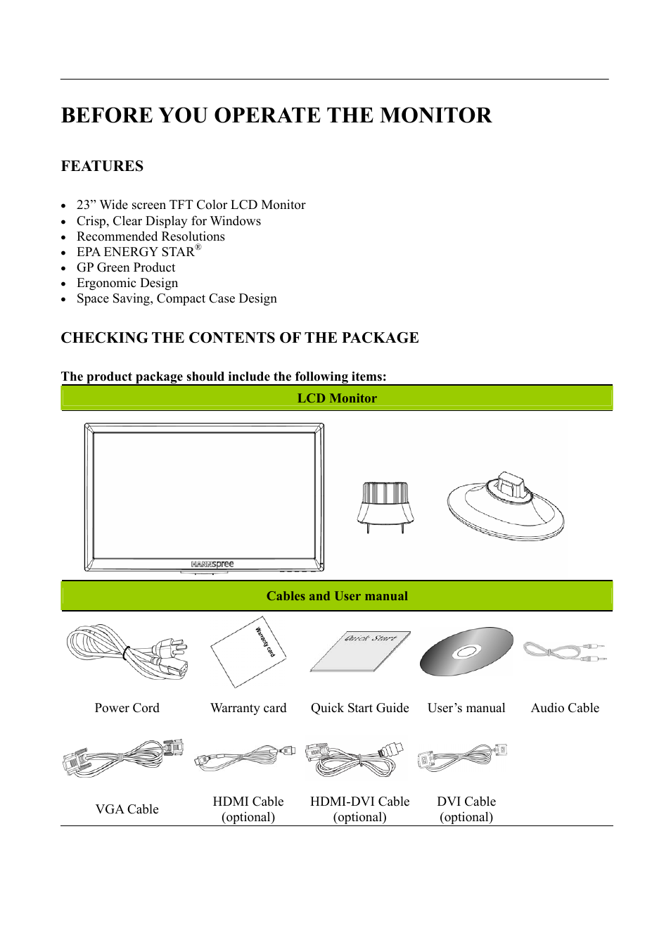 Before you operate the monitor | HANNspree HF237 User Manual | Page 7 / 23
