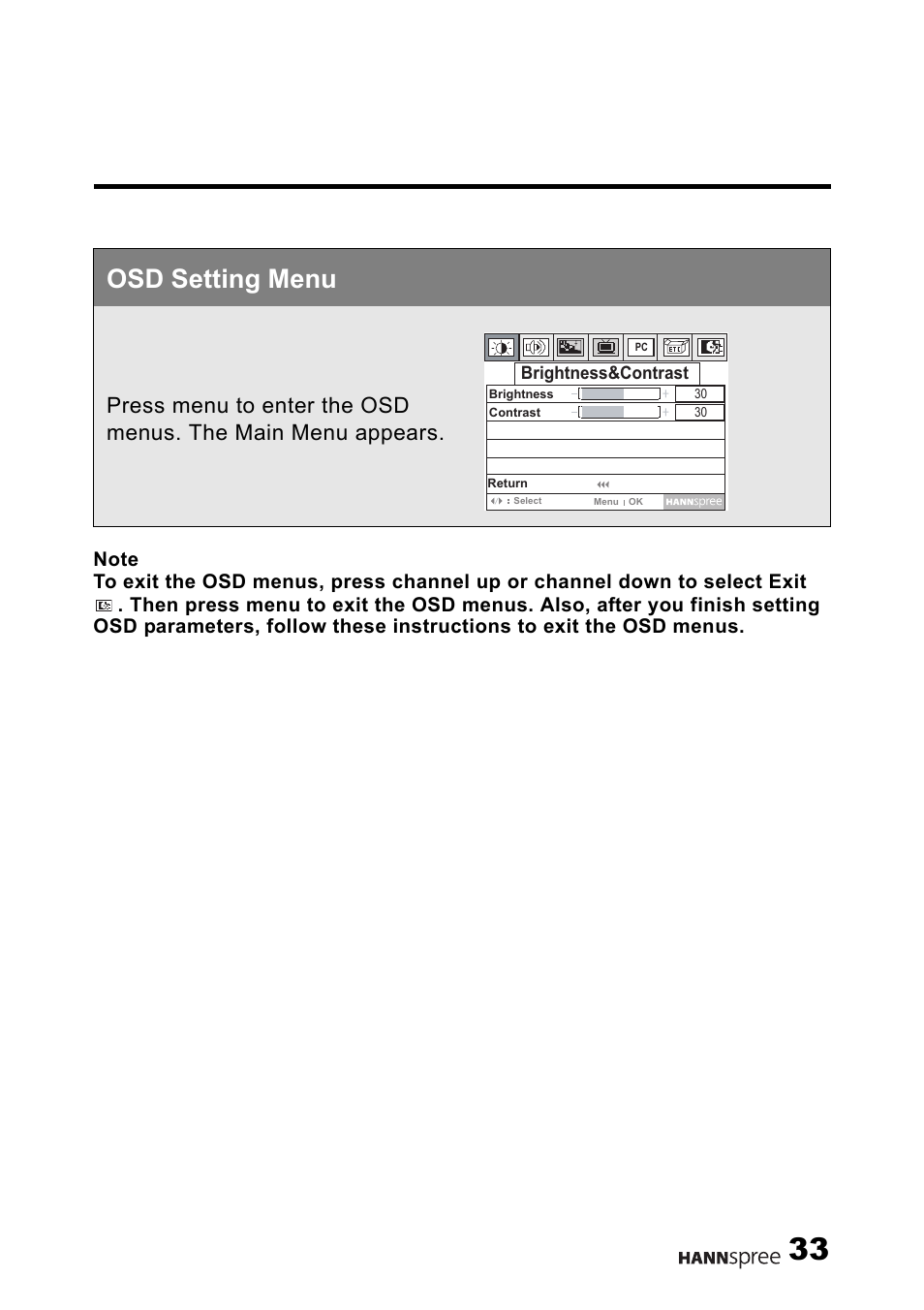 Osd setting menu | HANNspree F621-15U1-000 User Manual | Page 34 / 85