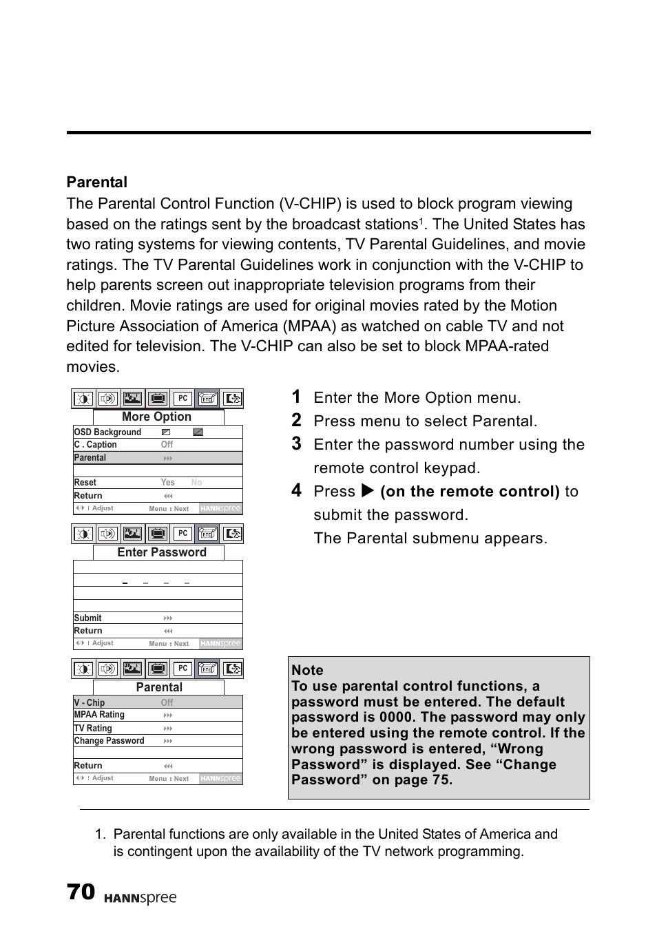 Enter the more option menu, Press menu to select parental, Press | HANNspree F621-15U1-000 User Manual | Page 71 / 85